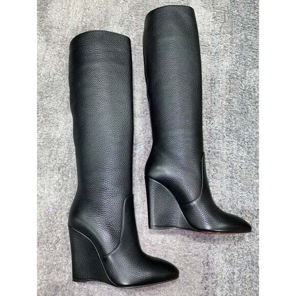 Christian Louboutin Civiliza 100 Black Calf Leather Knee High Wedge Heel Boot 38 - Picture 2 of 12